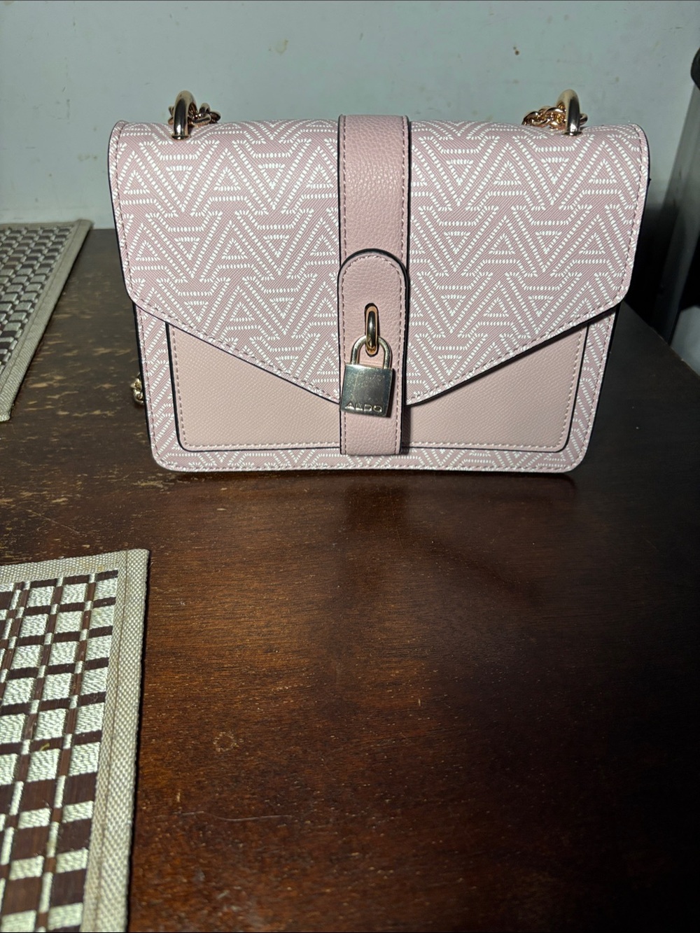 Aldo Pale Pink Logo-Print Chain Crossbody Bag